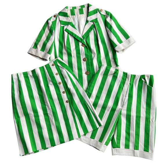 Vintage Dresses & Skirts - Vintage 1960's Arthur Jay Green and White Striped 3 Piece Jacket Skirt Short Set